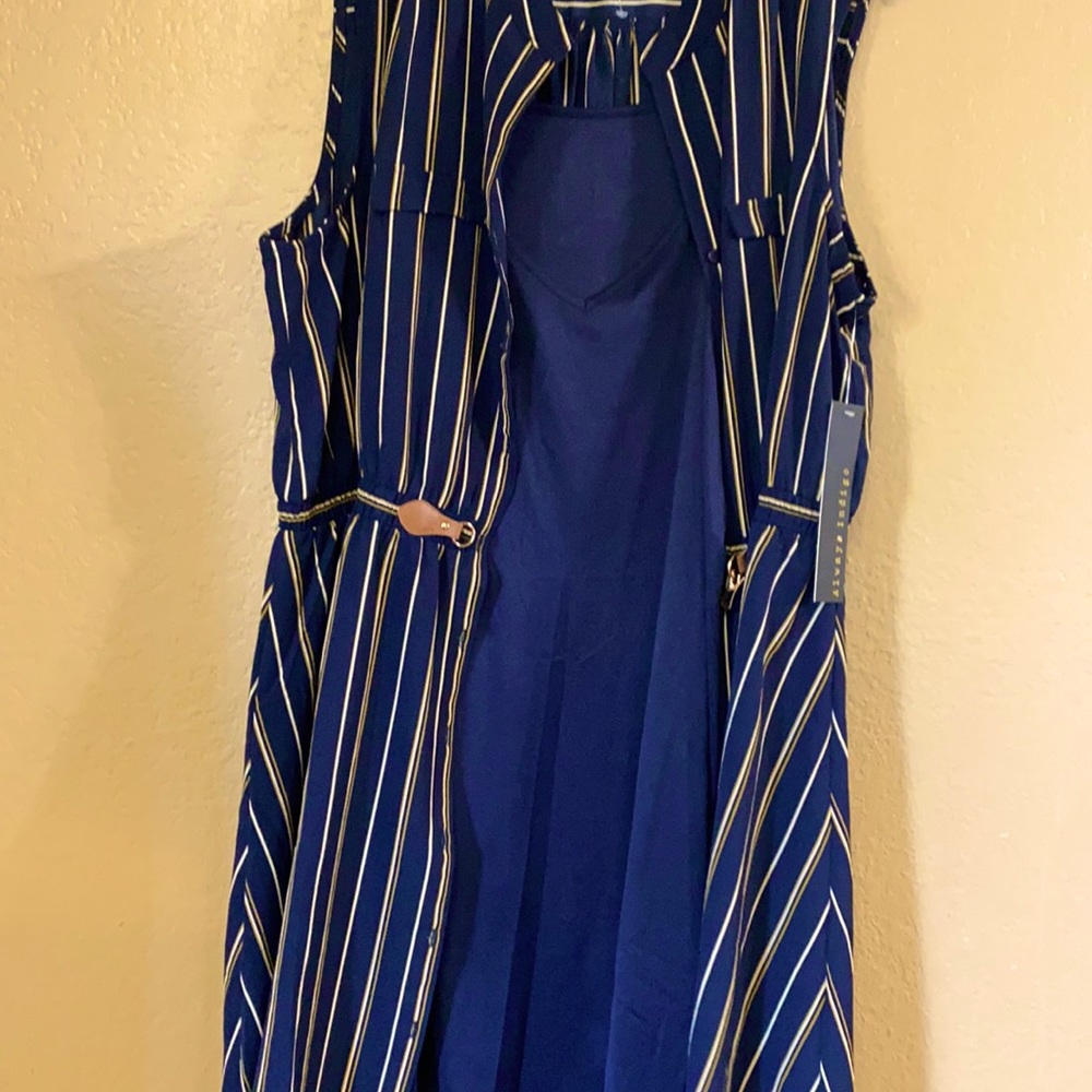 This dress is navy with white and mustard stripes. Sheer but has a slip.